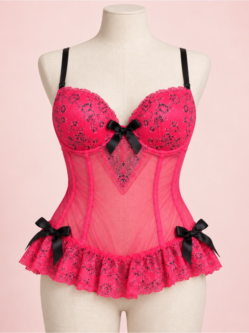 Victoria’s Secret Hot Pink Black Lace Corset Bustier Babydoll 36D